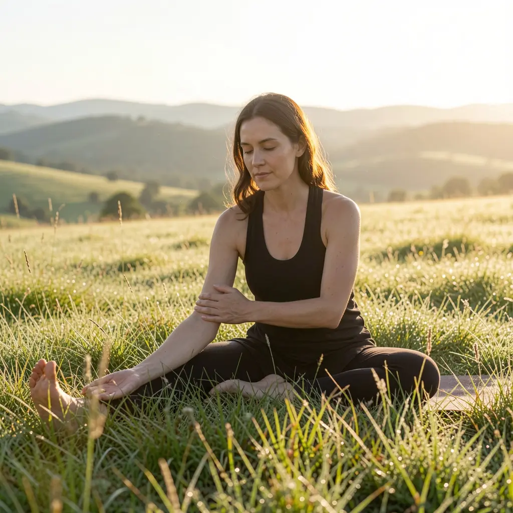 Person practicing gentle stretching in a serene outdoor setting